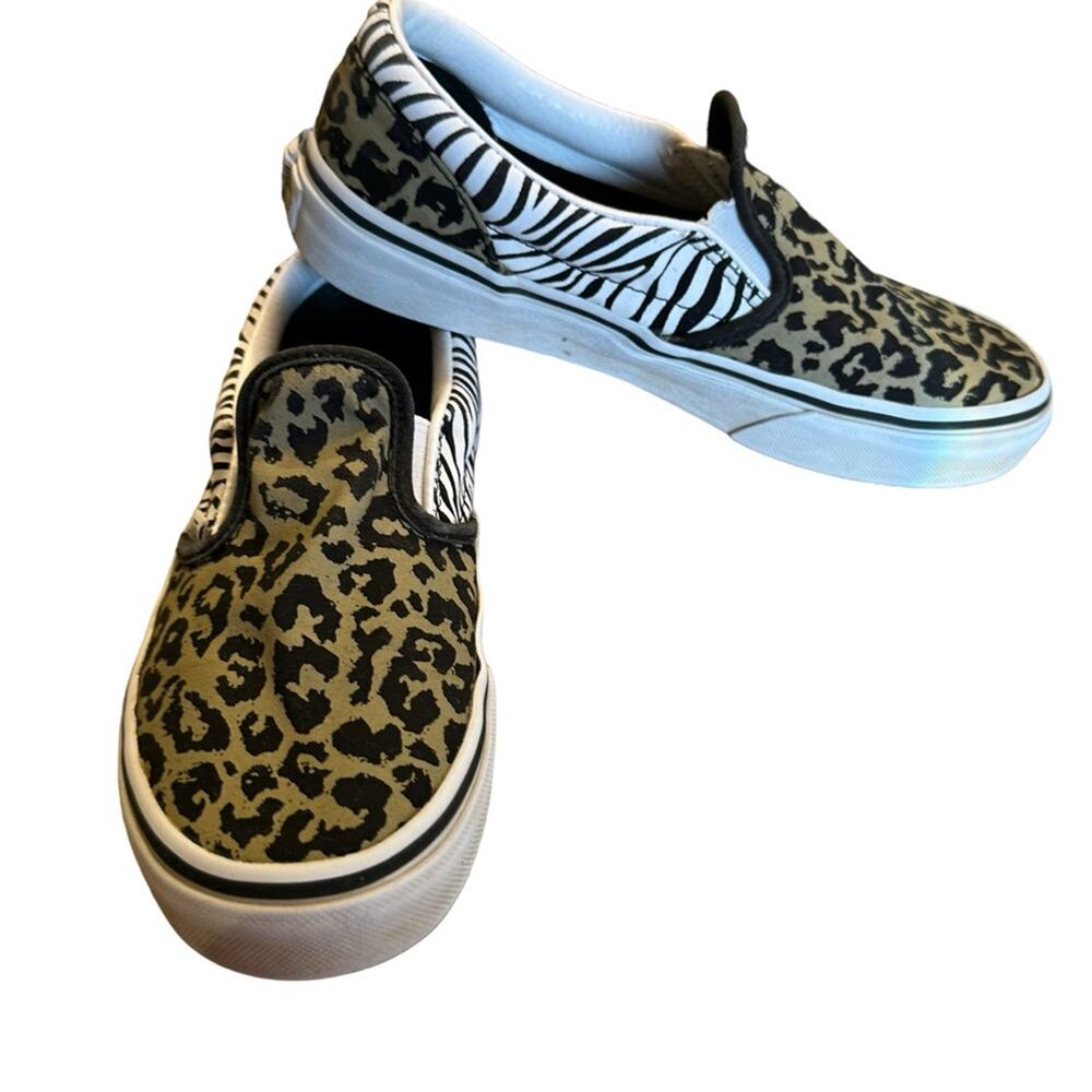 Vans Youth Size 2.5 Leopard and Zebra Slip on Sneakers